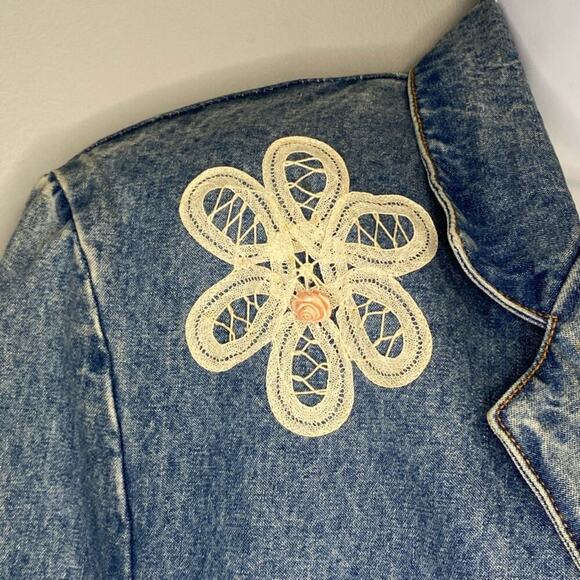 VTG Jordache Denim Jean Jacket 80s Lace Flower One Button Womens Sz M - Picture 3 of 9